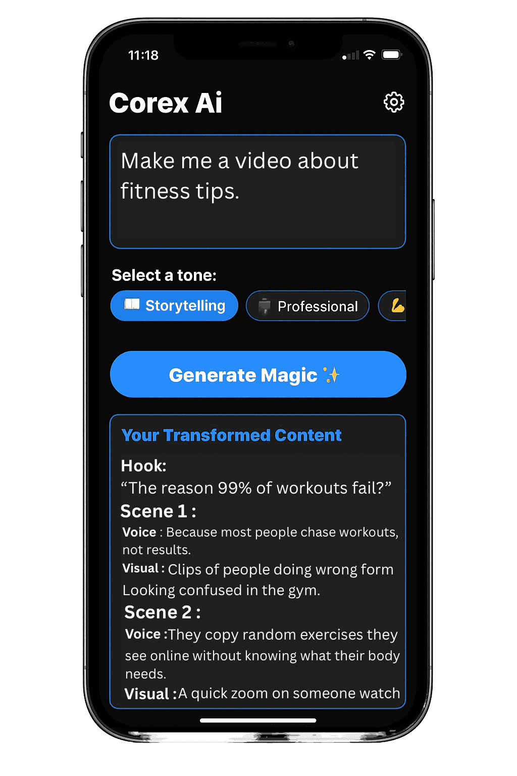 Corex AI app mockup demonstrating the three-step viral script generation process
