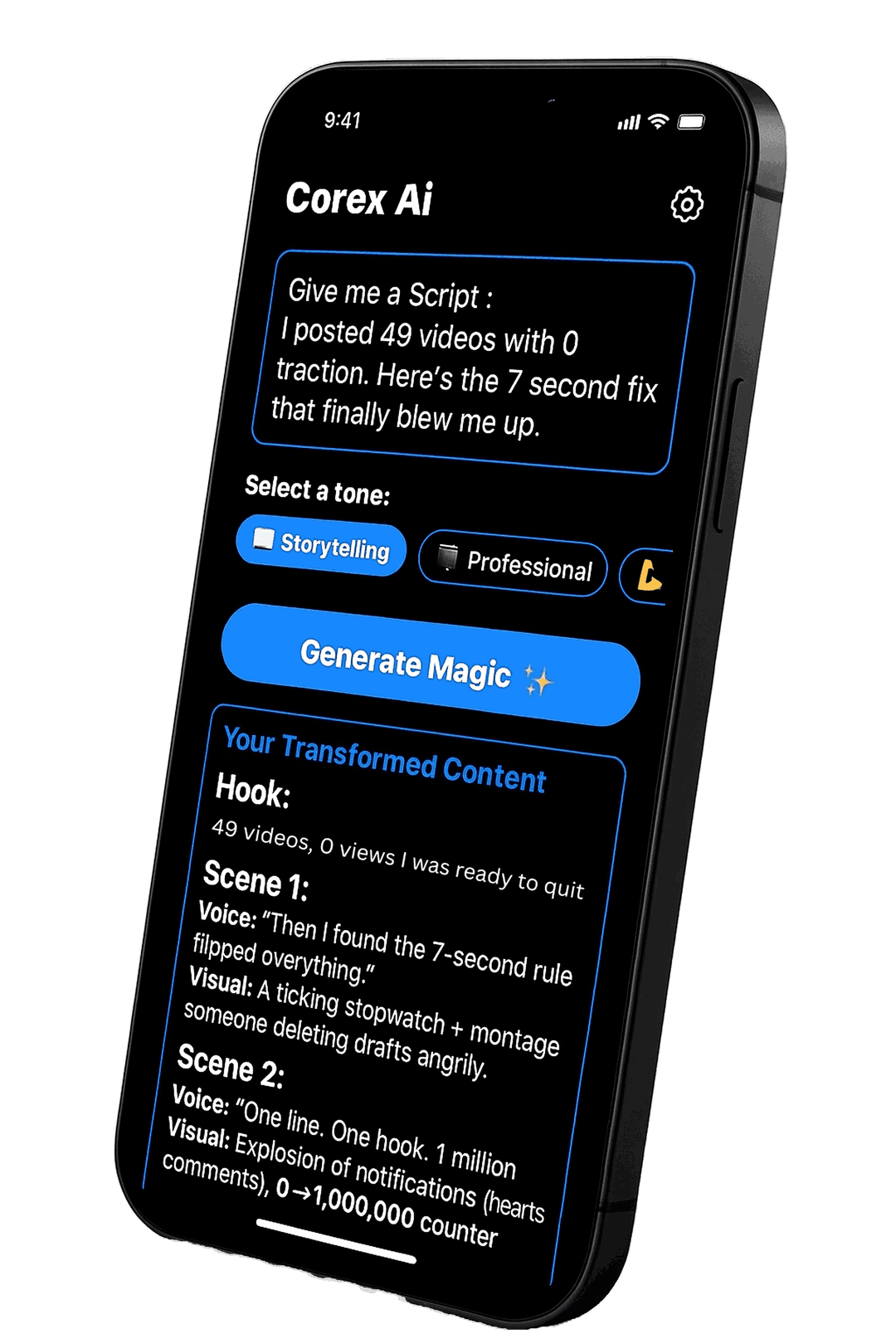 Corex AI mobile app interface showing viral script generation features